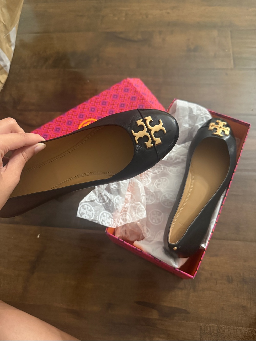 Tory Burch Black Ballet Flats with Gold Logo Medallion